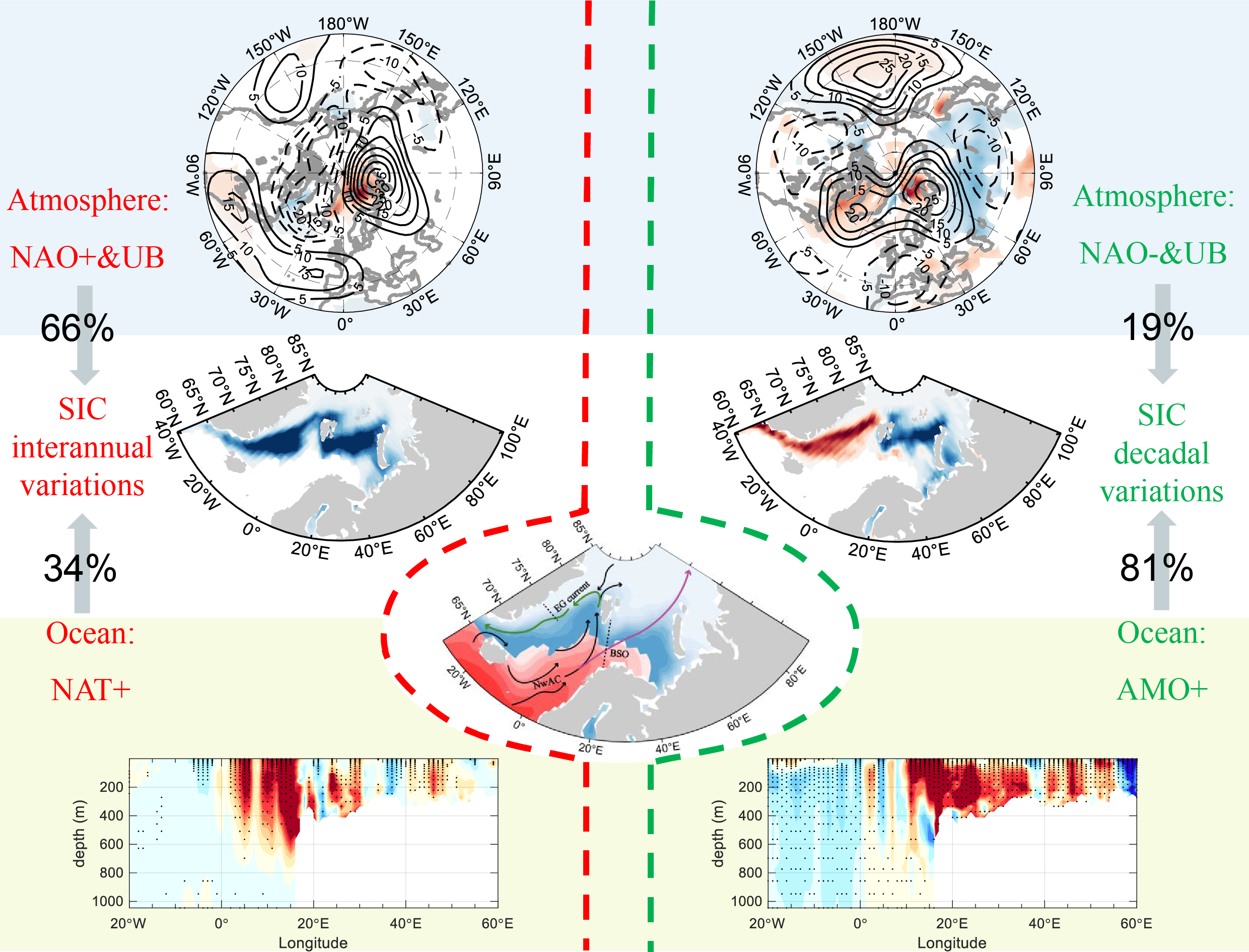 Figure 1. Schematic diagram illustrating the mechanism of interannual-to-decadal variability of the Eurasian Arctic SIC and estimating the different contributions of atmospheric heat and moisture transports and ocean heat transport to the variability of Eurasian Arctic SIC on interannual-decadal timescales. The second row shows the SIC interannual and decadal variations, respectively. The first and third rows show the atmospheric circulation and ocean heat transport associated with the SIC variability. The first (second) column represents the mechanism of Eurasian Arctic SIC variations on interannual (decadal) timescales. The percentages are the relative contributions of atmospheric and oceanic processes to the variability of the Eurasian Arctic SIC during 1960-2017. 