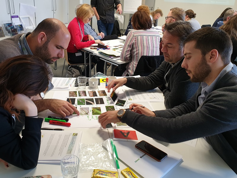 Photo of four people working at a table, showing science educators and researchers come together to create and review educational resources with the SEPE team. Copyright: ELLS, EMBL Heidelberg