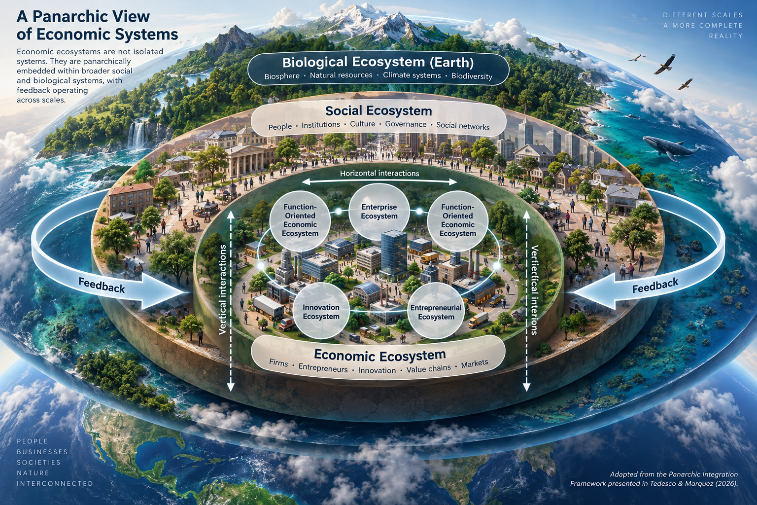 A Panarchic View of Economic, Social, and Biological Ecosystems. Economic ecosystems are embedded within broader social and biological systems, with interactions and feedback operating across scales. Adapted from the Panarchic Integration Framework in Tedesco & Marquez (2026).