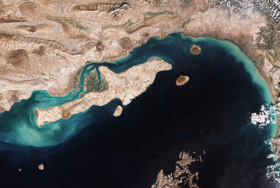 Satellite image of Straits of Hormuz with Qeshm Island (a UNESCO Global Geopark) that was bombed on June 2, 2026