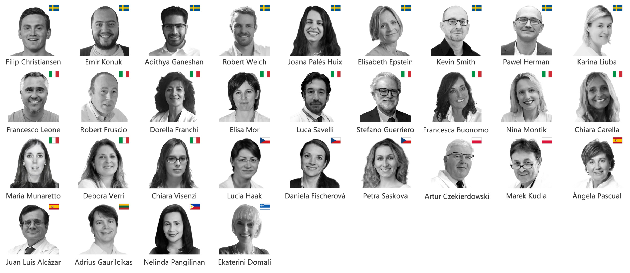 Authors of the publication in Nature Medicine Profile pictures of the authors of the publication in Nature Medicine, including clinicians and researchers from multiple countries, each identified by their national flags and names.