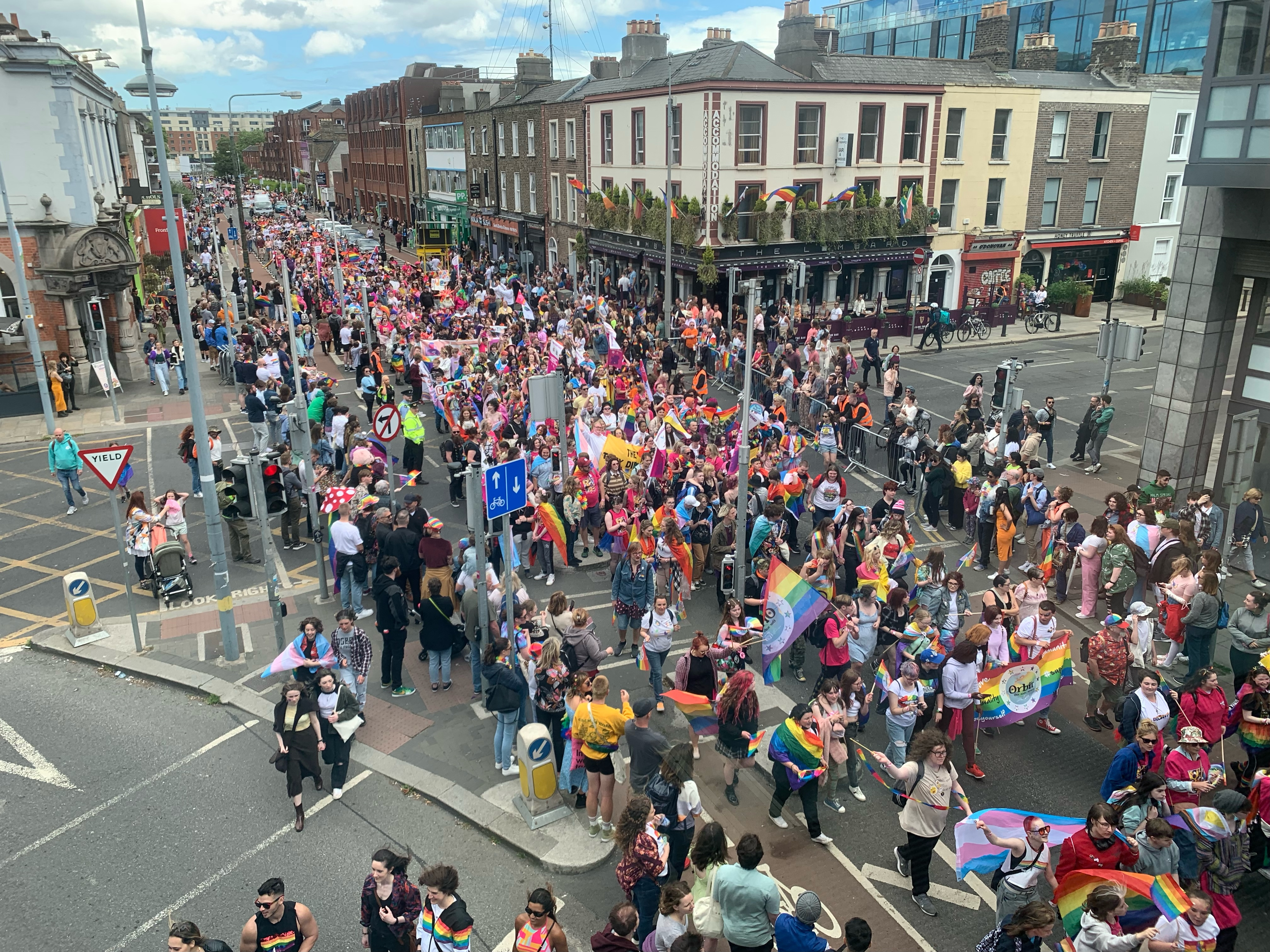 The Dublin Pride Parade crossing under Trinity College Campus 