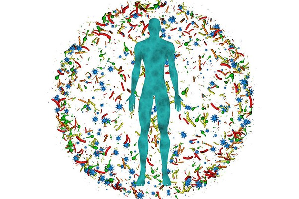 A blue silhouette of a person surrounded by colorful bacteria