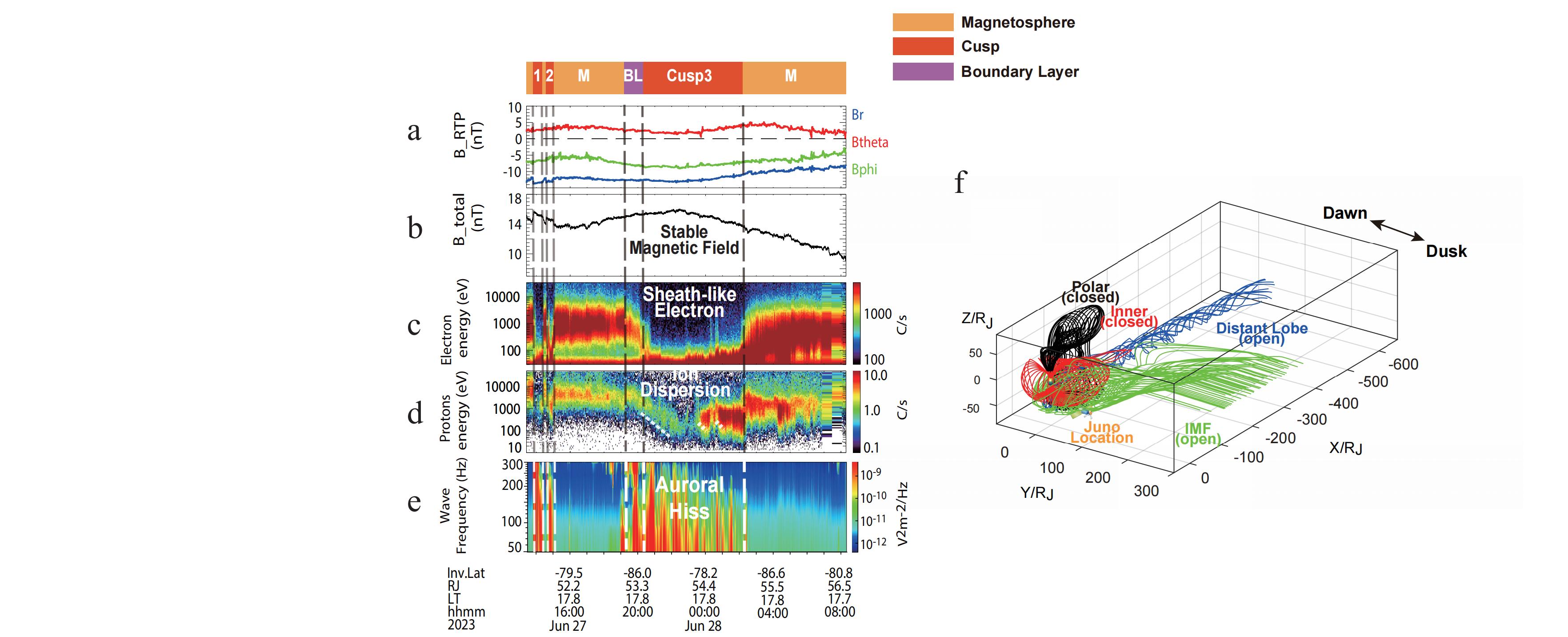 (a-e) Juno spacecraft observation evidence, from top to bottom, includes the R-Theta-Phi magnetic field components in JSS coordinate system, total magnetic field intensity, electron spectrum data, proton spectrum data, and plasma wave data ; (f) High precision simulation of Jupiter's global magnetosphere topology and open field configuration on the dusk side, as well as the position of the Juno spacecraft