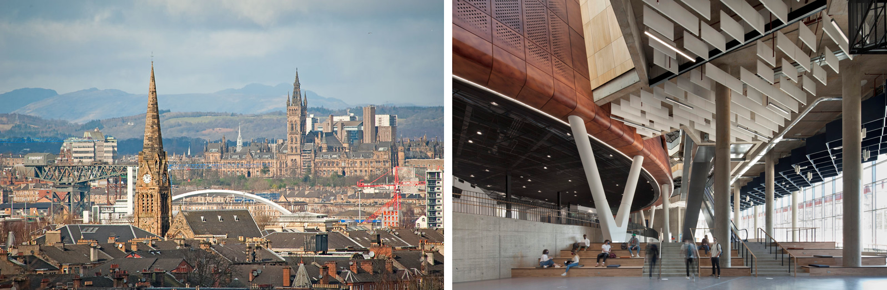 Photos of Glasgow skyline and the James McCune Smith Learning Hub (the conference venue)
