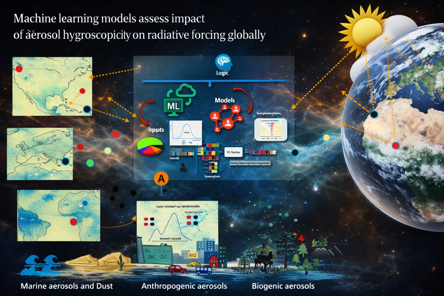 Image show machine learning framework to estimate aerosol hygroscopicity from multiple sites region specific influence on radiative forcing globally.