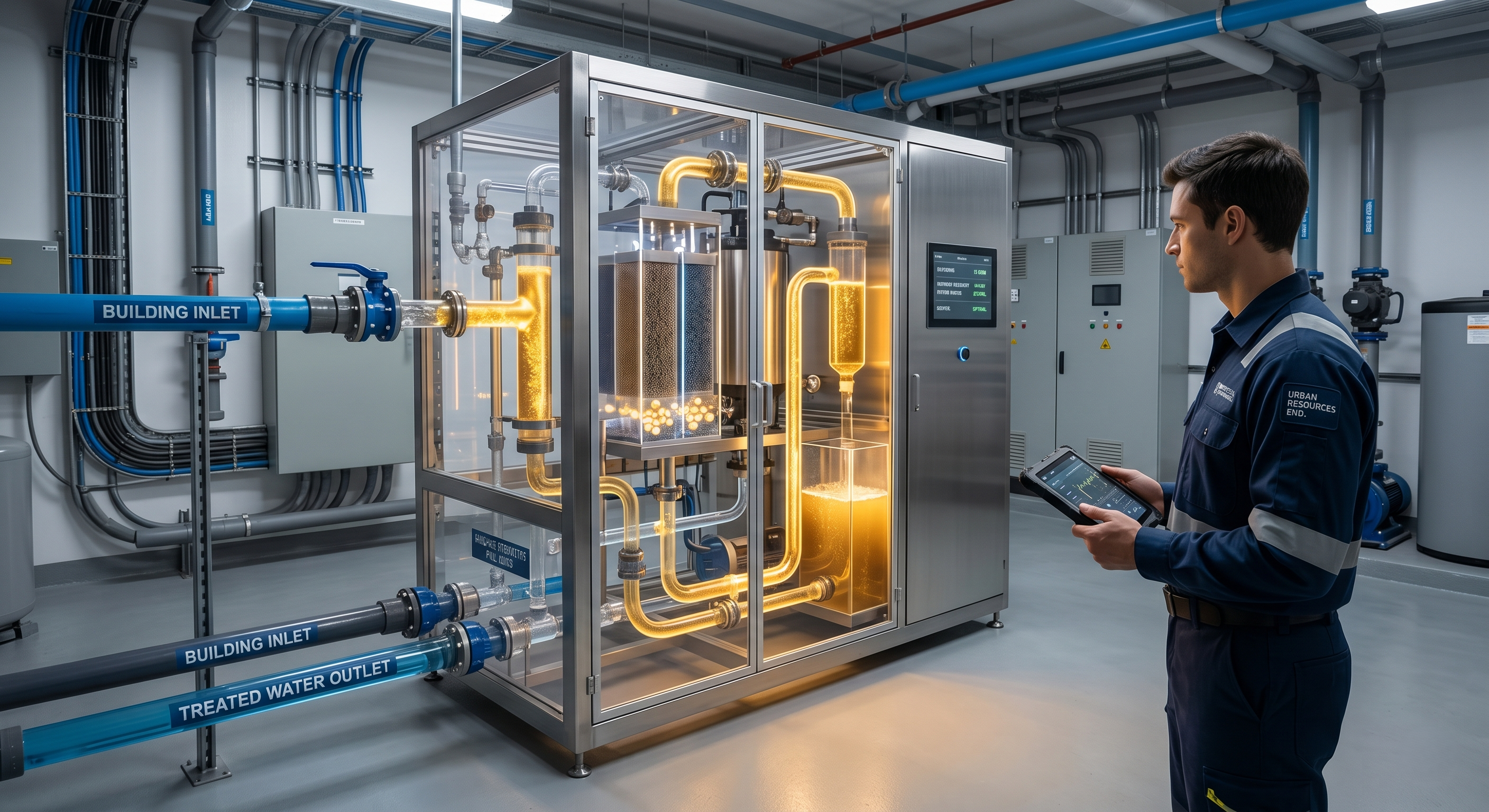 Modern urine recovery plant by COF porous material at a building 