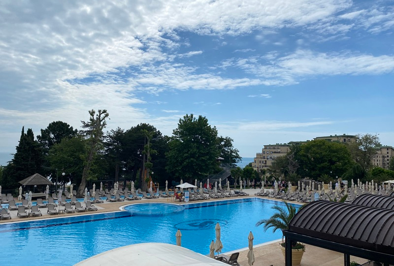 Photo of a pool taken from a first floor.