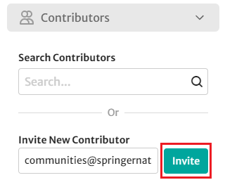 The 'Invite New Contributor' box with an email address displayed. A green button to the right of the email address says 'Invite'.