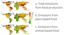 World maps showing (top) total emissions from food production, (Middle) emissions from plant based food, and (bottom) emissions from animal-based food.