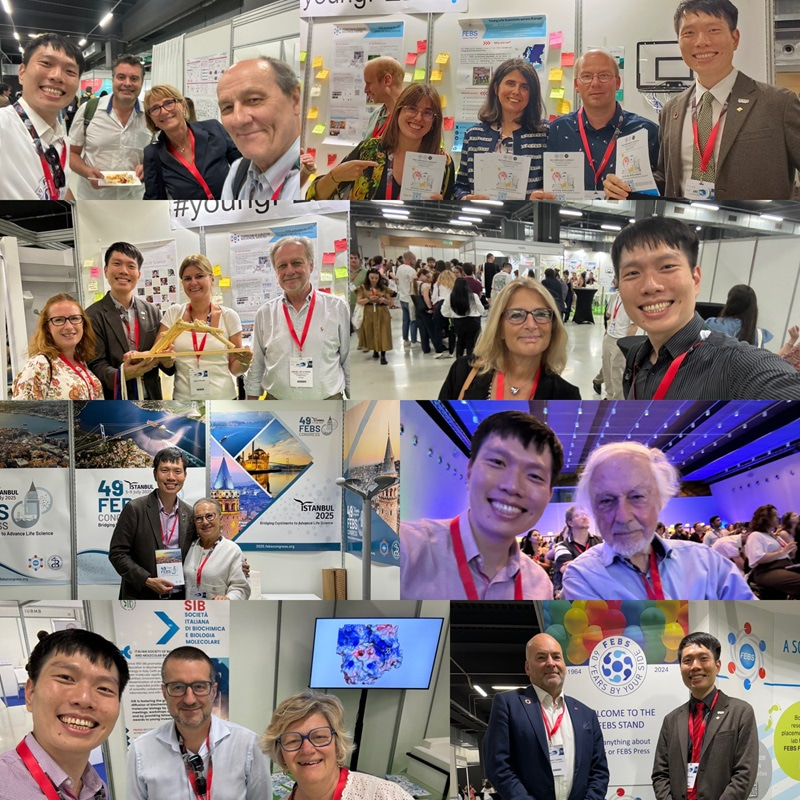 A collection of photos showing Fun Man Fund interacting with other attendees and organisers at the 48th FEBS Congress.