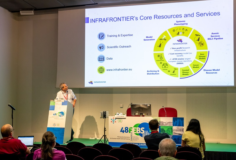 Photo of Michael Raess from INFRAFRONTIER, giving a talk in front of projected slides.