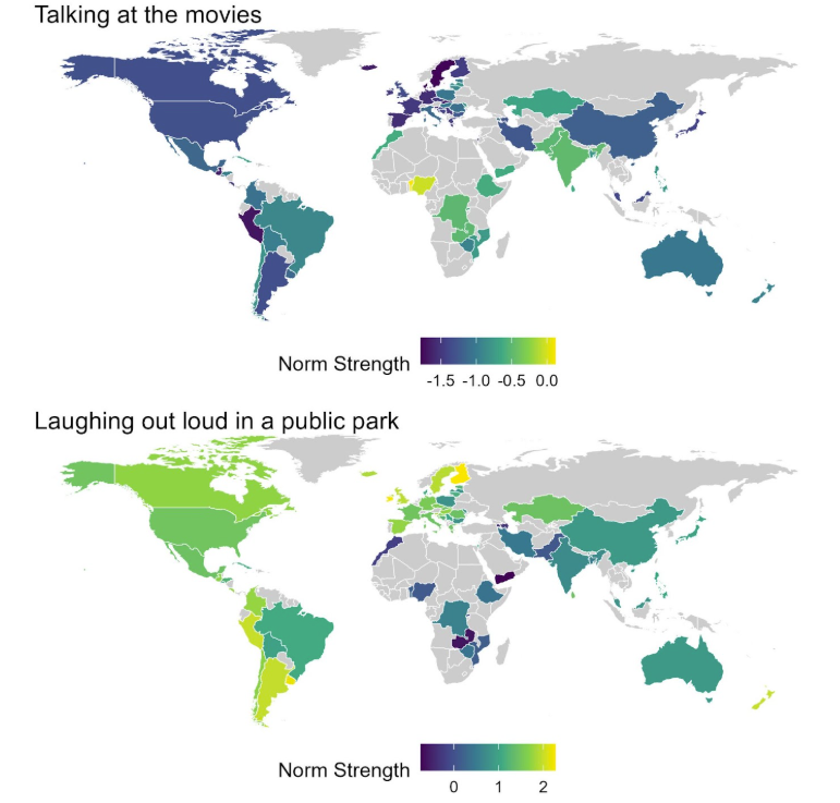 Societies with stricter norms for talking at the movies have looser norms for laughing in the park