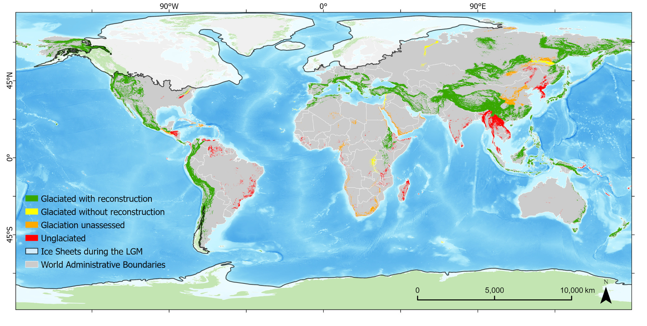 Figure 1. Global distribution of mountain ranges classified according to current knowledge of past glaciation and the availability of glacier reconstructions. Lima et al. 2026. Nature Sci Data.