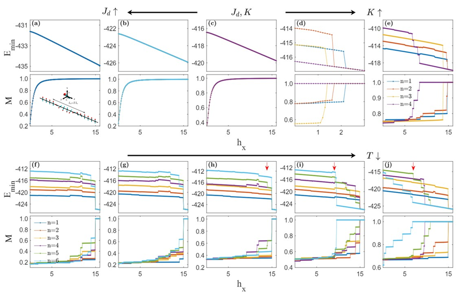 In the upper panel, dipolar parameter is J_d= 0.00934 and the anisotropy parameter is K= 0.2 (c). J_d= 0.00962, 0.01004 in (b) and (a) while anisotropy parameter K remains the same as the one in (c). Anisotropy parameter K=  0.1, 0.2 in (d) and (e) while dipolar parameter remains the same as the one in (e). In the lower panel, J_d= 0.00962 and K= 0.2. The inset in lower panel (a) shows the achiral magnetic order, where L_d is the length of the achiral domain area and L_c  is the chain length. The local coefficients from the left to the right are T=  7/8, 7/9, 2/3, 1/2, 1/3 respectively. Red arrows in (h)-(j) represent the first jump for energy curve with n=  5. The corresponding magnetic fields are h_x=  10.3, 9.2, 6.9. All results are calculated with the number of sites N= 216.
