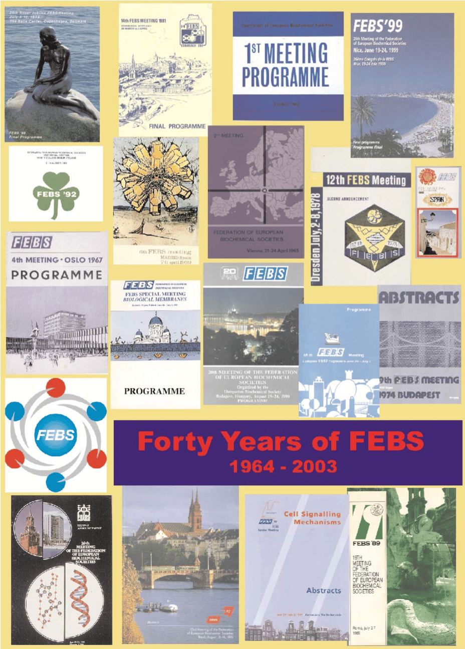 Cover of the Forty Years of FEBS book, showing a collection of different images related to FEBS and its events.