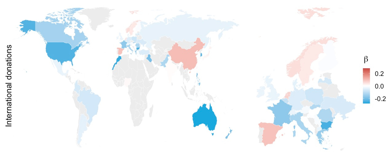 Map showing a negative relationship between age and international donations in many countries