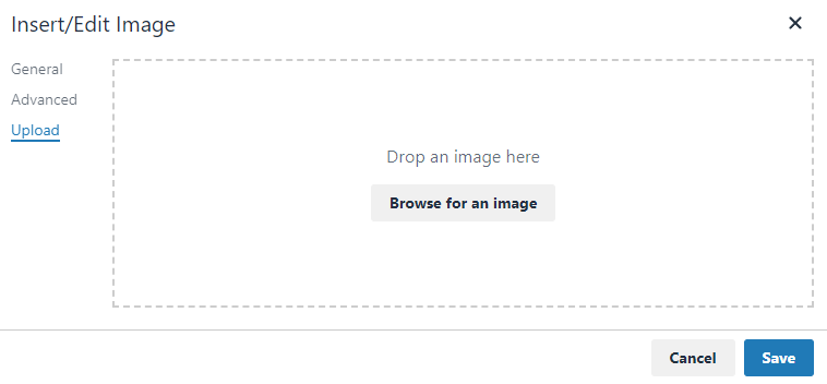 The Insert/Edit Image window, showing the 'Upload' tab underlined in blue on the left hand side. Instructions to drop an image or browse for an image to upload are displayed at the centre of the box.