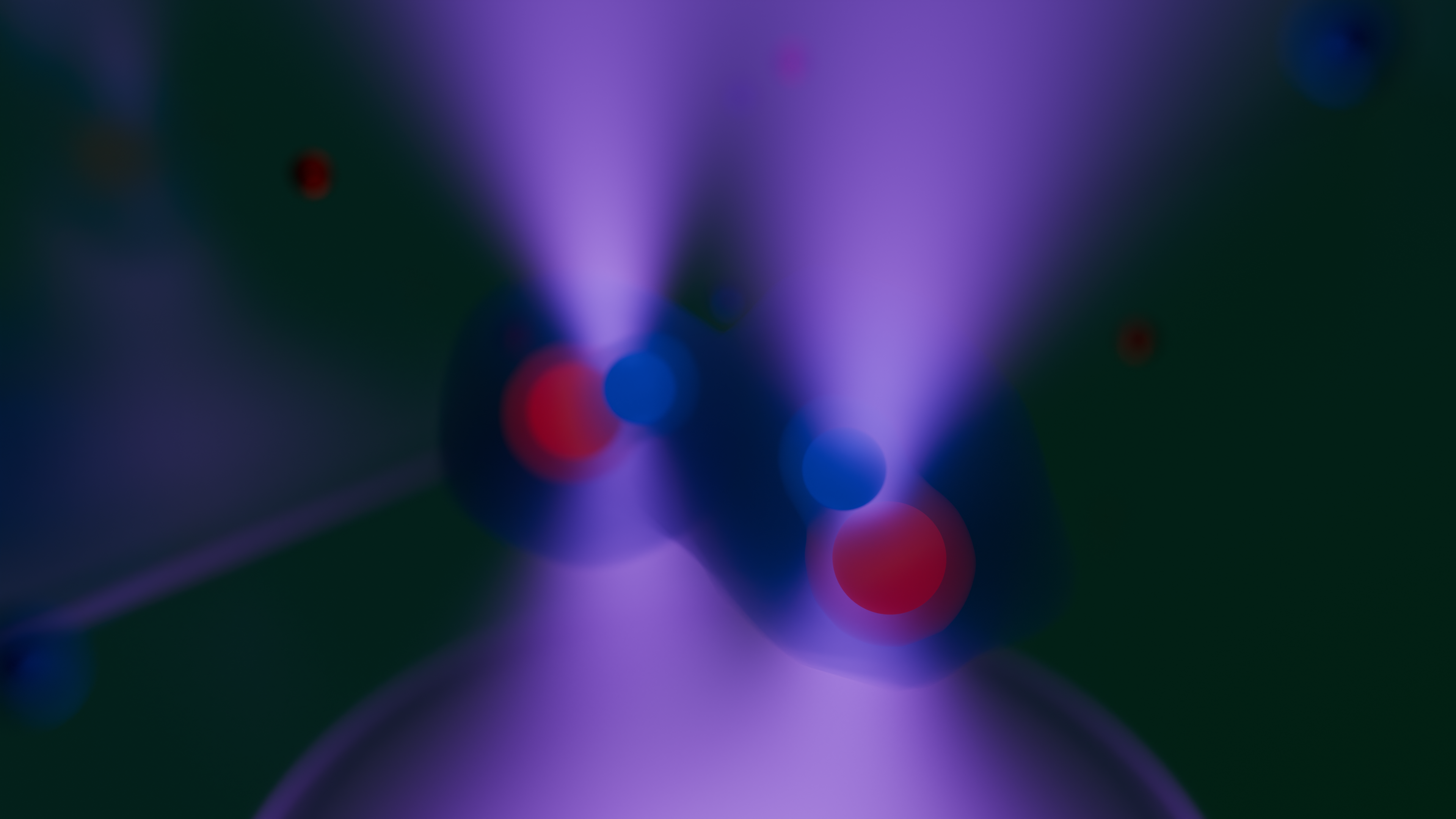 An illustration of two entangled molecules which are individually trapped in tightly focussed laser beams.