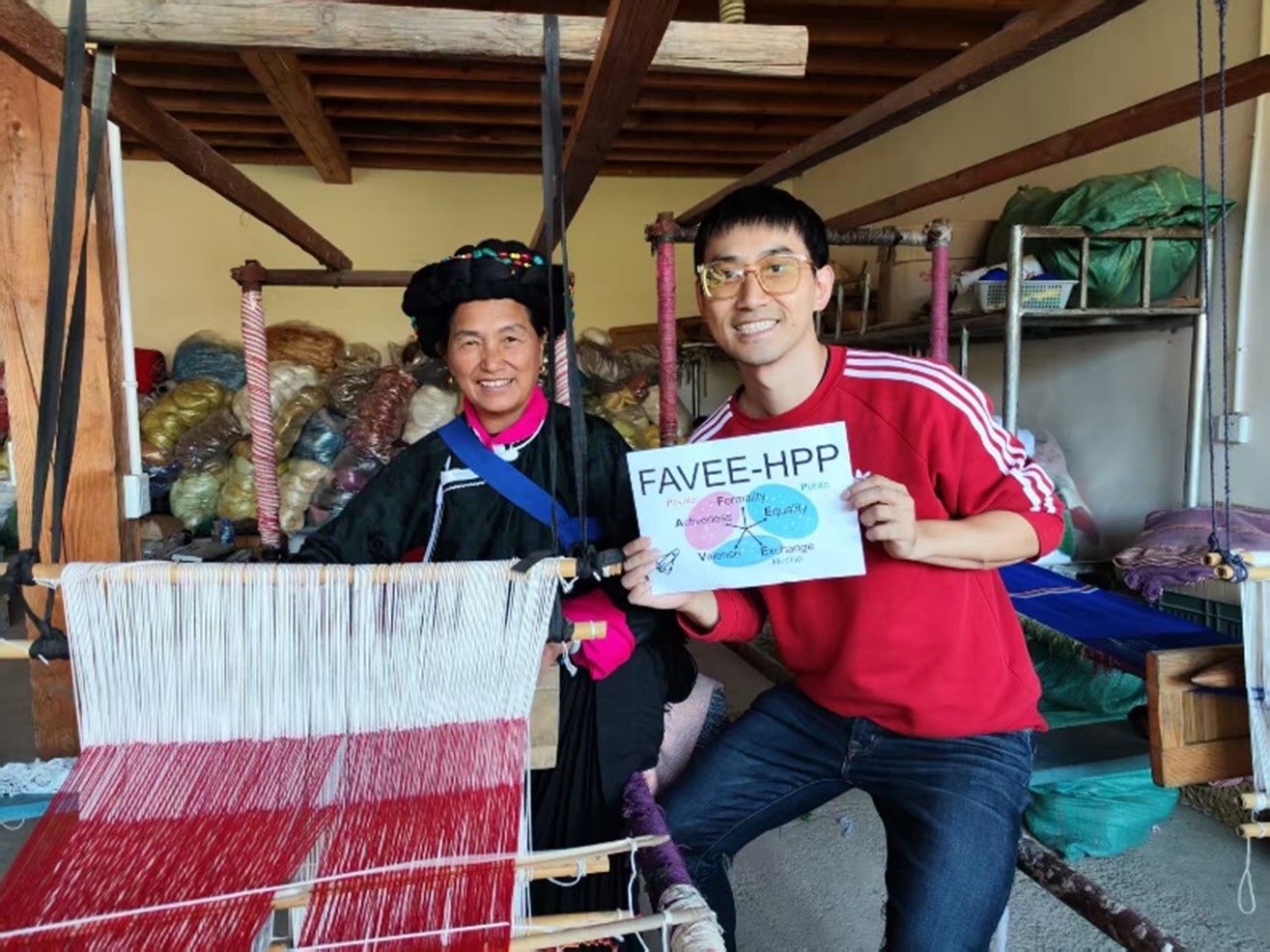 Figure 1. Our research team stayed with DuzhiMa Aqi (阿七独支玛), an expert in Mosuo handcrafted textiles, while conducting fieldwork in the Tibetan Himalayas. Her son, NimaCier Aqi (阿七尼玛次尔，汉名杨成龙), director of the Mosuo Museum, provided invaluable help in data collection. The Mosuo’s unique matrilineal and agrarian society challenged some of our assumptions about universal relationship structures, pushing us to refine our model. Photo Left: DuzhiMa Aqi, Right: Yin Wang