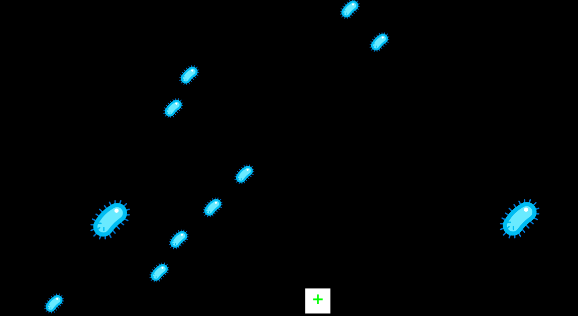 A screen showing digital versions of bacteria in blue on a black background