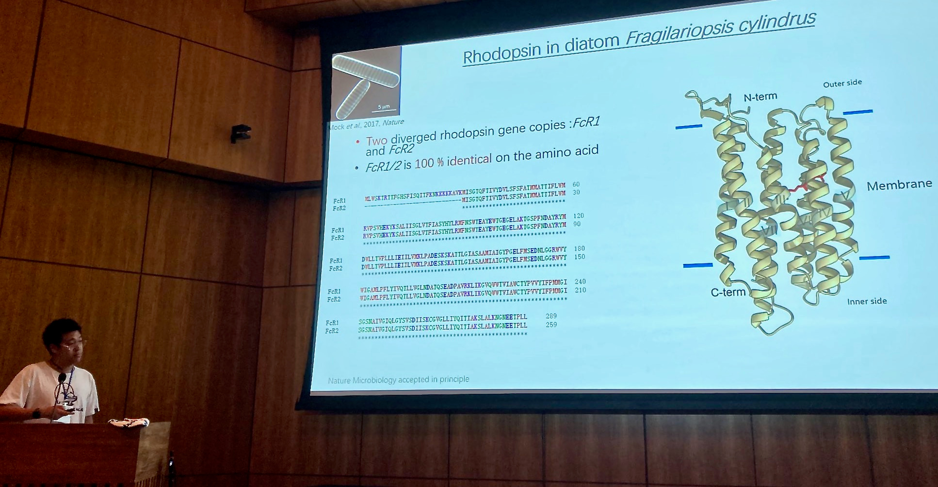 Longji Deng presenting results at the 2023 Molecular Life of Diatoms conference at Scripps Institution of Oceanography in San Diego, California, USA.