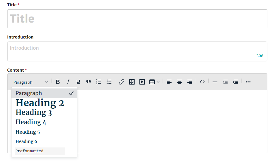  Post creation page with the headings tab selected and the options for paragraph and heading formats displayed in a drop down menu.
