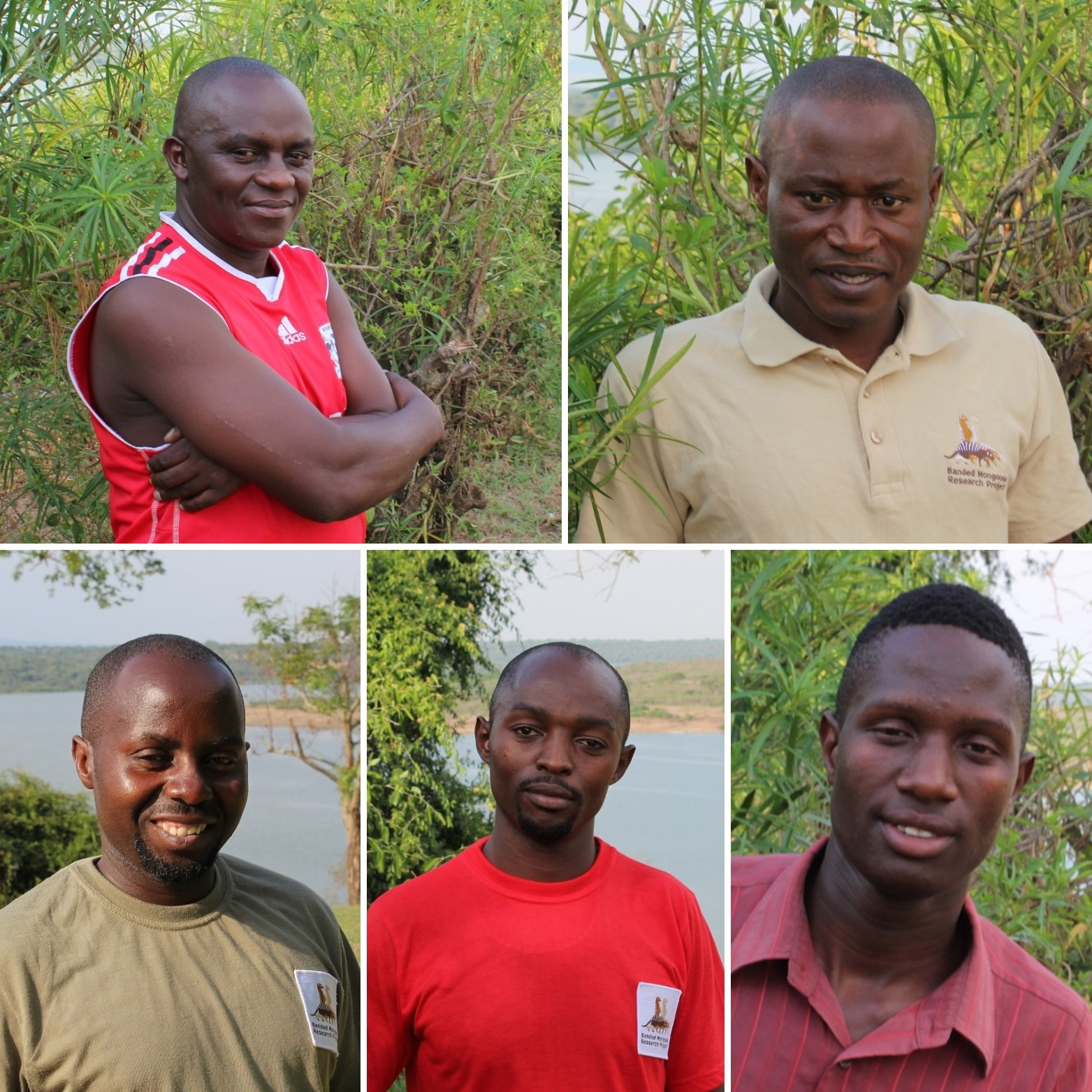 The Banded Mongoose Research Project Field Team.  Top row (L-R): Francis Mwanguhya (project manager), Solomon Kyabulima. Bottom row (L-R): Kenneth Mwesige, Robert Businge , Solomon Ahabyona.