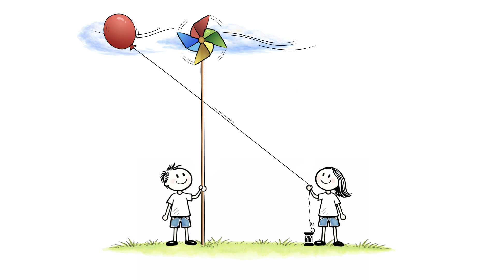 Two characters demonstrate the "pinwheel" and "balloon" analogies 