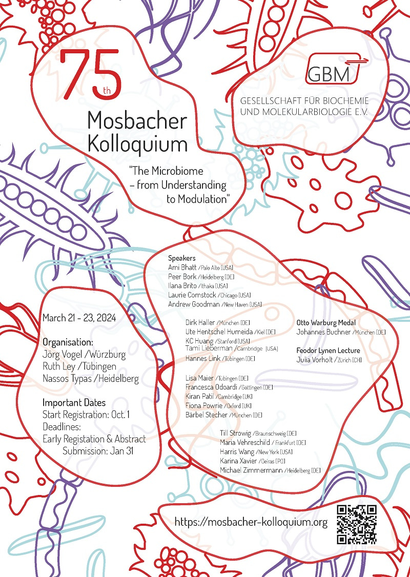 Poster for the 75th Mosbacher Kolloquium, showing designs of microbes on a white backgropund, with text in between the designs.
