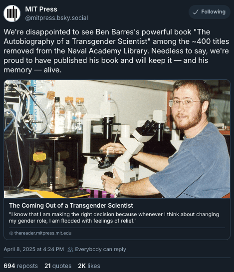 A social media post about the removal of this book from the Naval Academy Library