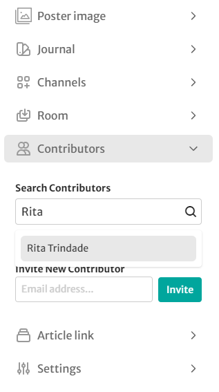 The different tabs available on the 'Create a post' page, with the 'Contributor' tab highlighted. With a search for a user named 'Rita' displayed.