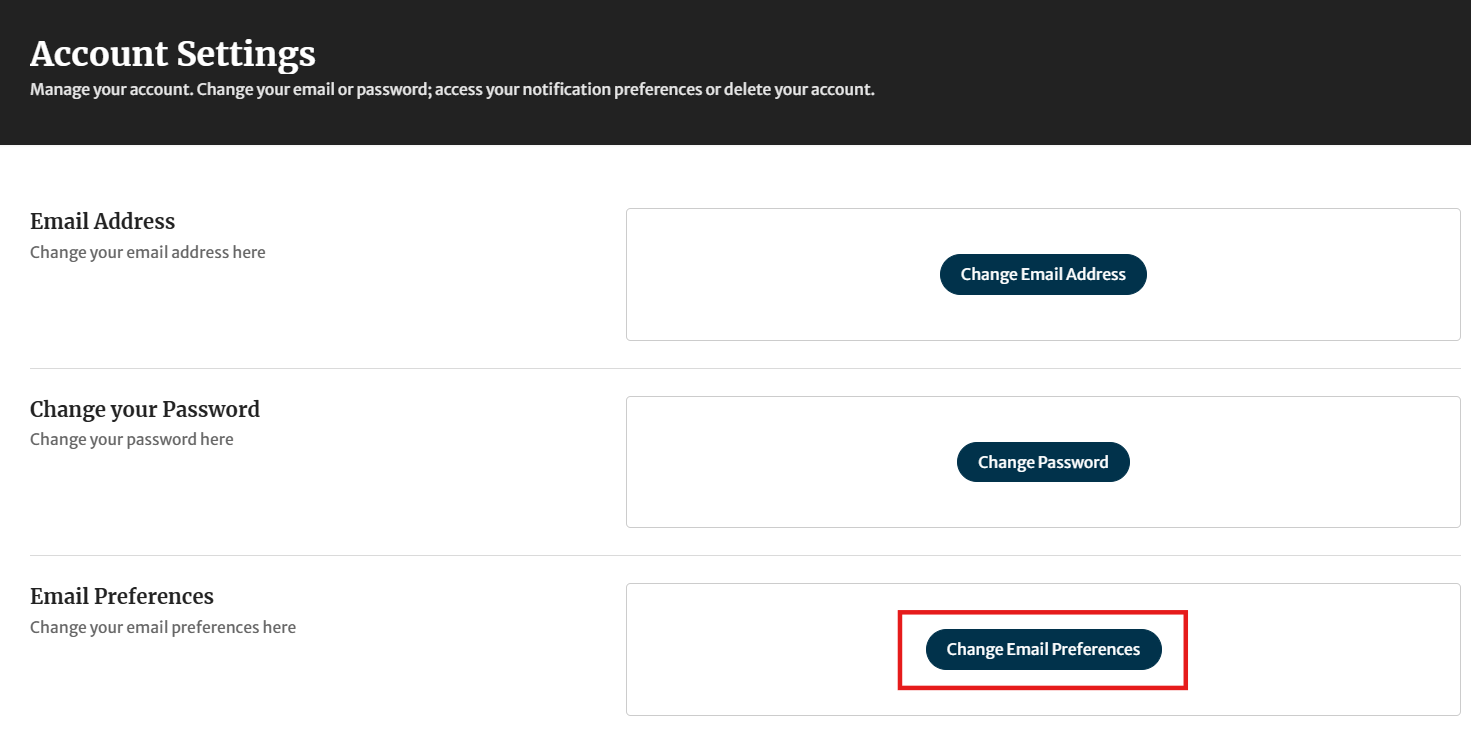 The Account Settings page, with options to manage the account email address, password, and notification preferences. The 'Change Email preferences' button is highlighted by a red rectangle.