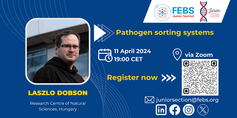 Image advertising the registration with QR code for the FEBS Junior Section online talk with Dr Laszlo Dobson.