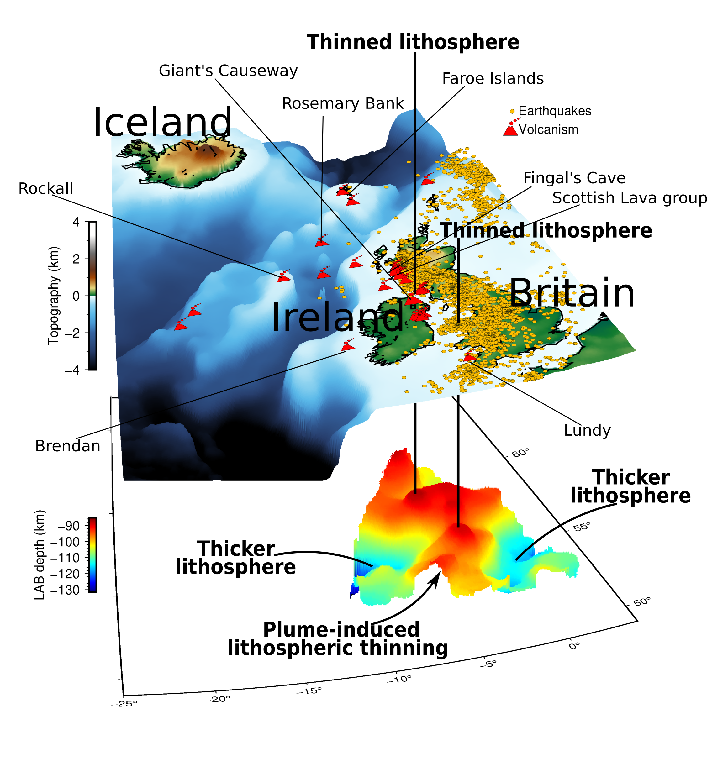 Lithospheric thinning in the British Isles and topographic map of the North Atlantic Igneous Province