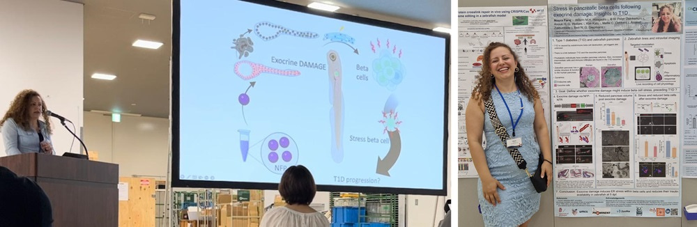 Two photos side by side, with the one on the left showing Noura giving her talk, and the other showing her standing smiling in front of her poster.