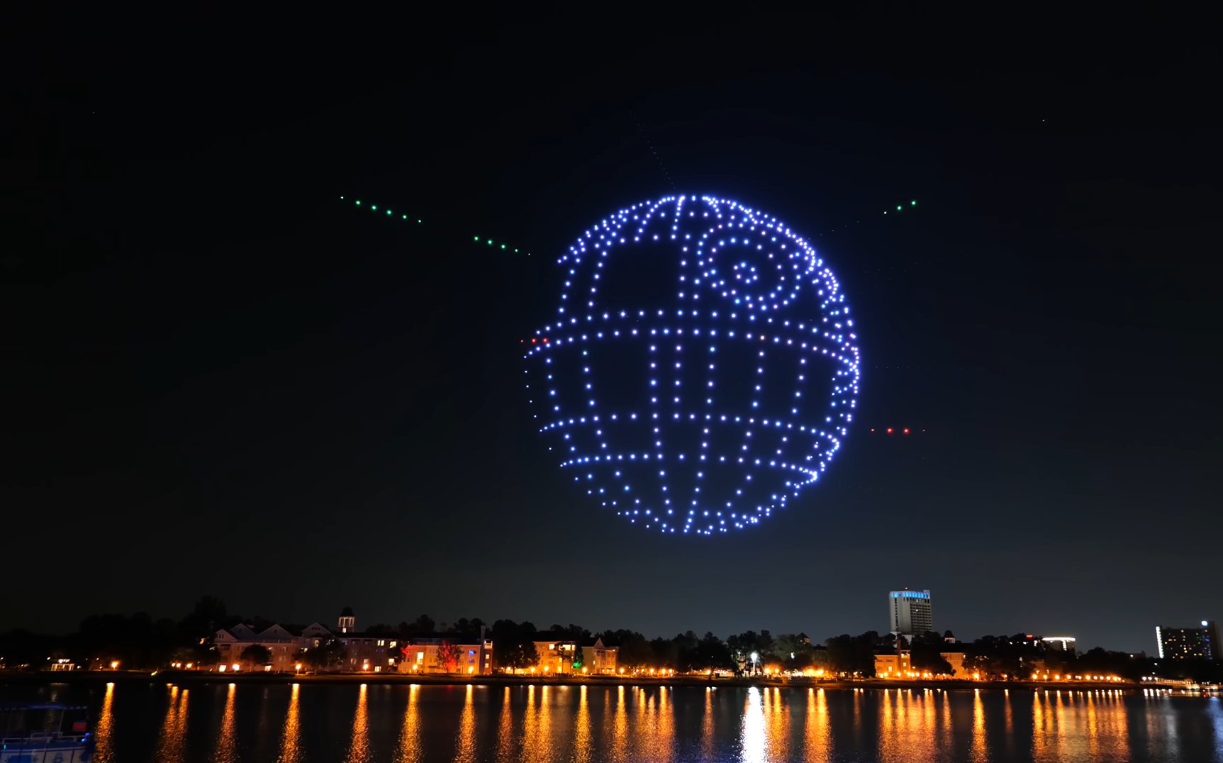 Drones forming The Death Star, recognizable from Star Wars