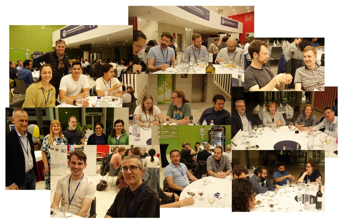 Composite image made of many small photos of people at a dinner.