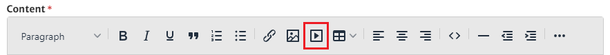 Content bar from within the create a post view with the add video icon highlighted by a red rectangle.