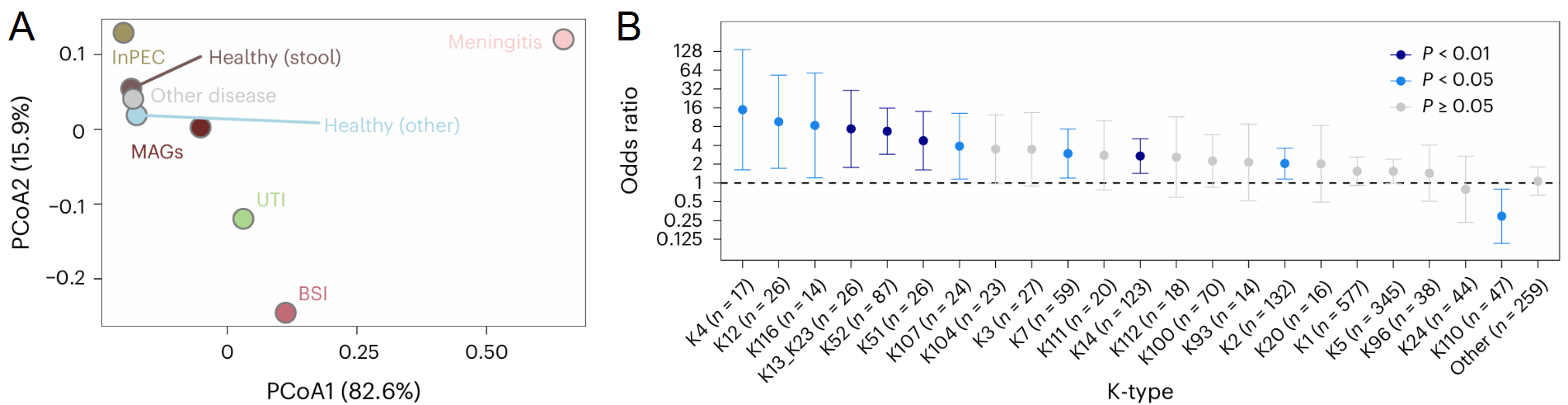 K-type associations with human body niches and disease. A. Principal coordinates analysis (PCoA) of K-type profiles from different clinical categories, based on a Bray–Curtis dissimilarity matrix calculated from the proportion of K-types in each group. InPEC, intestinal pathogenic E. coli; MAGs, metagenome-assembled genomes; UTI, urinary tract infections; BSI, bloodstream infections. B. Odds ratio from a multivariable logistic regression model evaluating the association of K-types with invasiveness. The model adjusted for O-type, H-type, phylogroup, ST, host age, gender and geographic group, based on 4,923 E. coli genomes from distinct isolates and individuals including asymptomatic carriage (783 complete genomes and 2,762 MAGs) and invasive E. coli-associated disease (1,378 genomes from isolates from blood or cerebrospinal fluid).