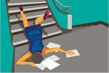 Illustration of women having fallen down steps, seemingly in a hurry, with papers strewn around her