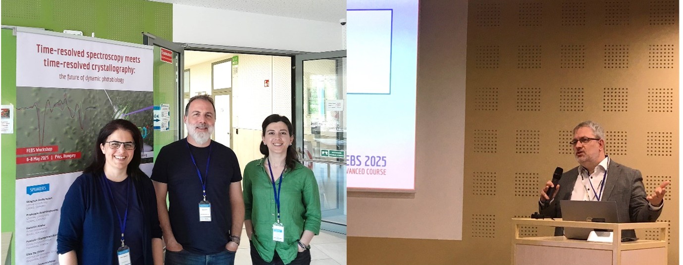 Two photographs next to each other, with the left one showing three people standing together, and the right one showing a man talking at a podium.