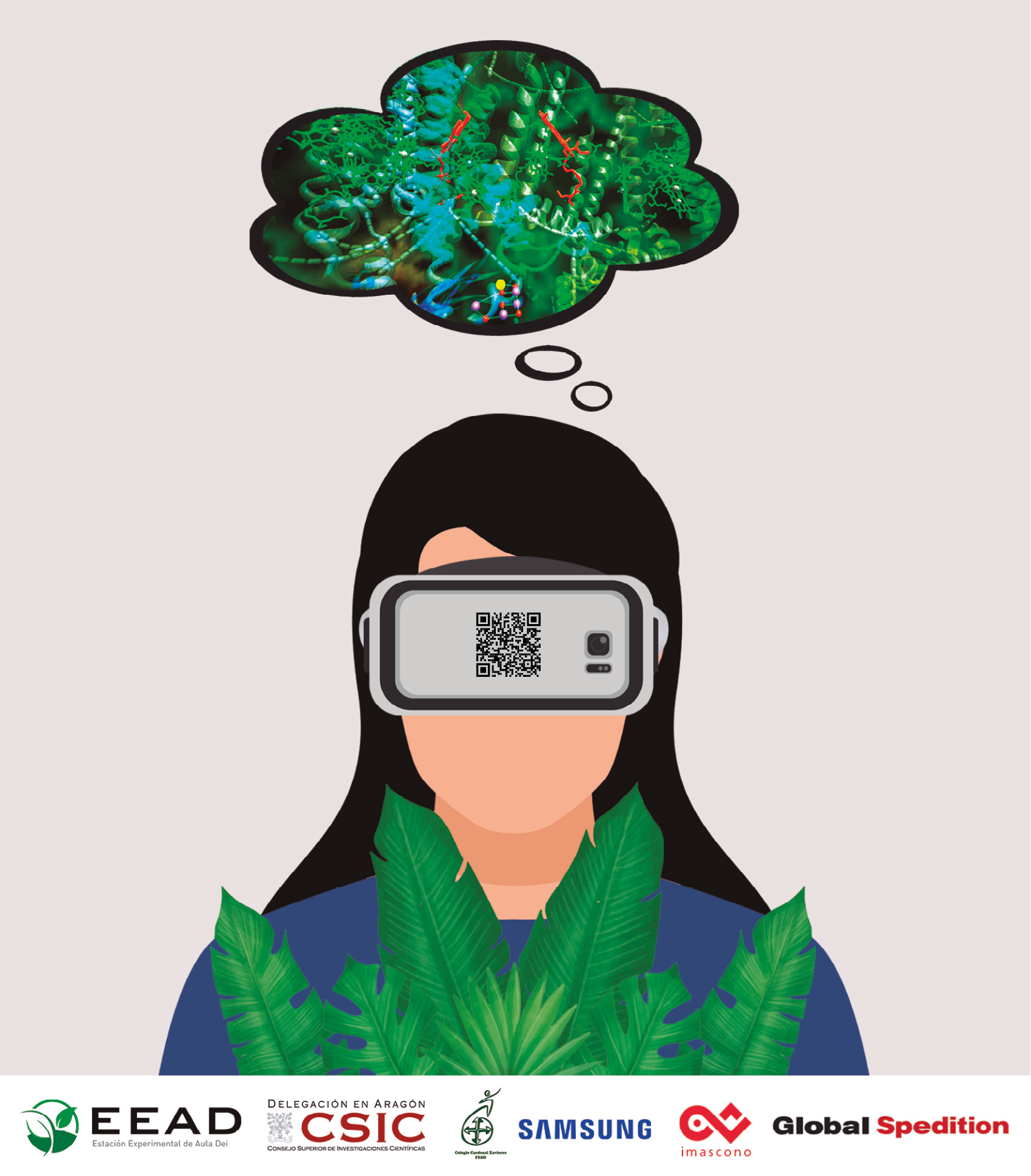 Poster for the Virtual Reality app showing a drawing of a woman wearing VR goggles and facing the camera.