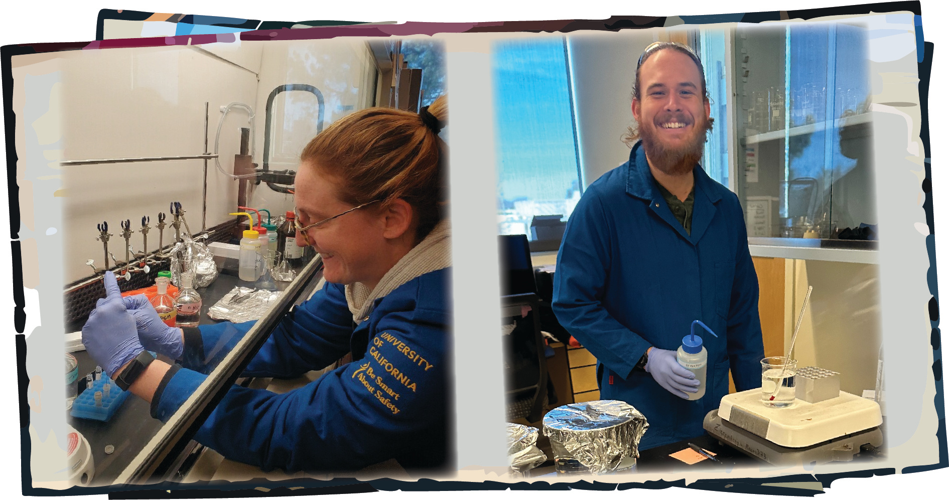 Two photos of first and second authors, Tessa Brunoir and Christopher Mulligan performing experiments in the Gold Lab at UC Davis