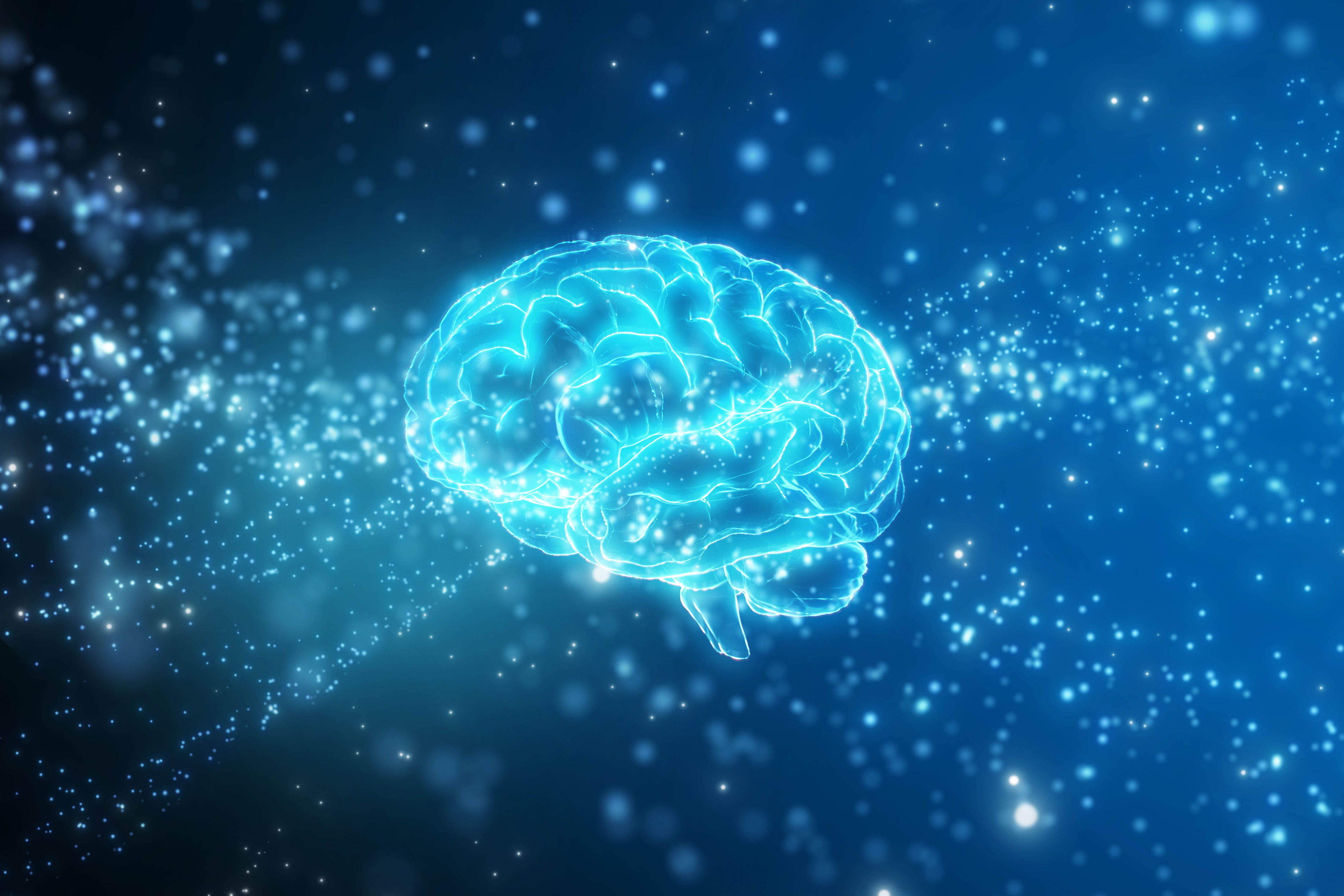 An illustration of the brain, in blue with sparkles all around it. 