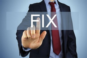 A figure in a suit presses a finger to the word fix.