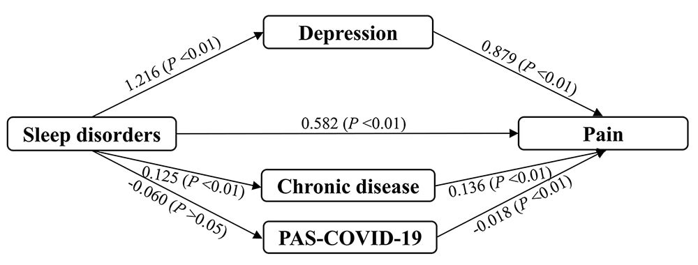 Figure shows the mediation analysis model of the effect of sleep disorders on pain. Note: PASCOVID-19: Personal activity score during COVID-19.