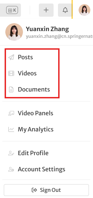The drop down menu under a user's profile banner, with the create a post, video, or document options highlighted by a red rectangle.