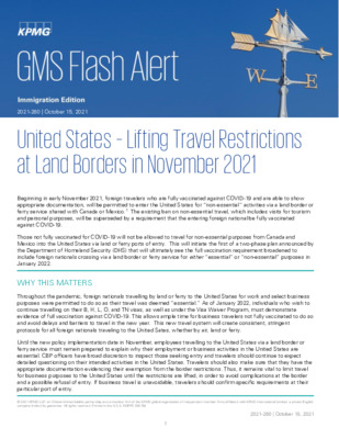 KPMG Global Mobility Services Flash Alert - 2021 - US Lifting Travel Restrictions at Land Borders in November 2021