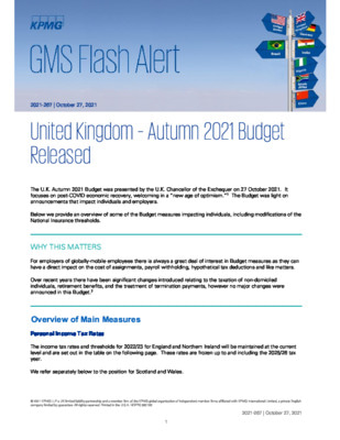 KPMG Global Mobility Services Flash Alert - 2021 - UK - Autumn 2021 Budget Released